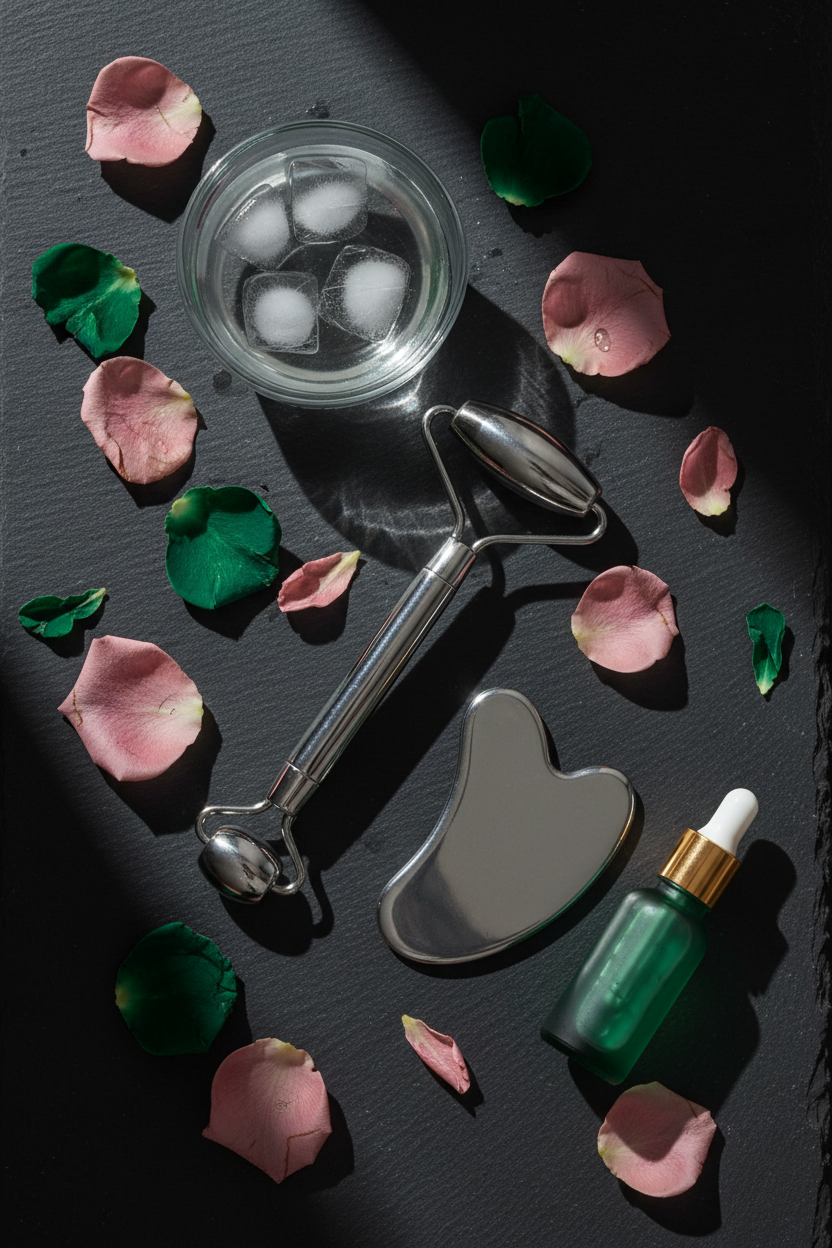 Stainless steel ice face roller and Gua Sha tool on dark slate with rose petals and serum, moody editorial skincare photography