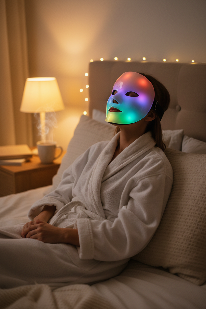 Woman wearing glowing 7-color LED light therapy face mask in cozy dimly lit bedroom, self-care evening routine