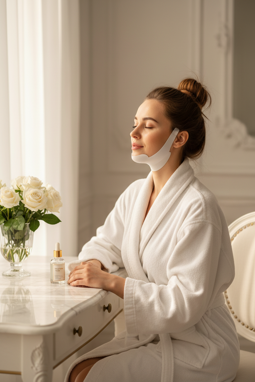 Woman wearing V-line chin lifting mask at elegant bright marble vanity with white roses and serum, luxurious self-care routine