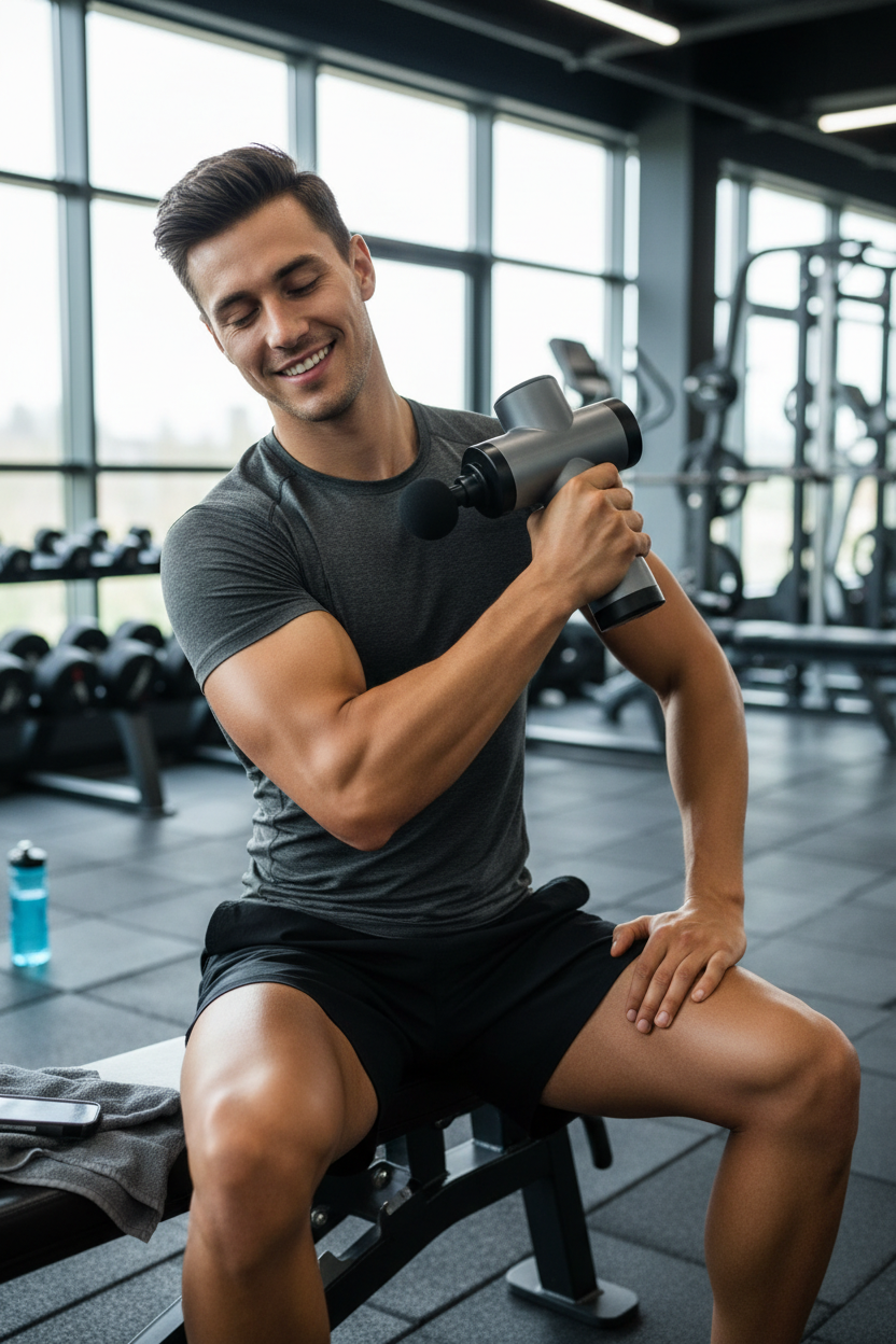 Person using percussion massage gun on shoulder on gym bench after workout, sports recovery lifestyle photography