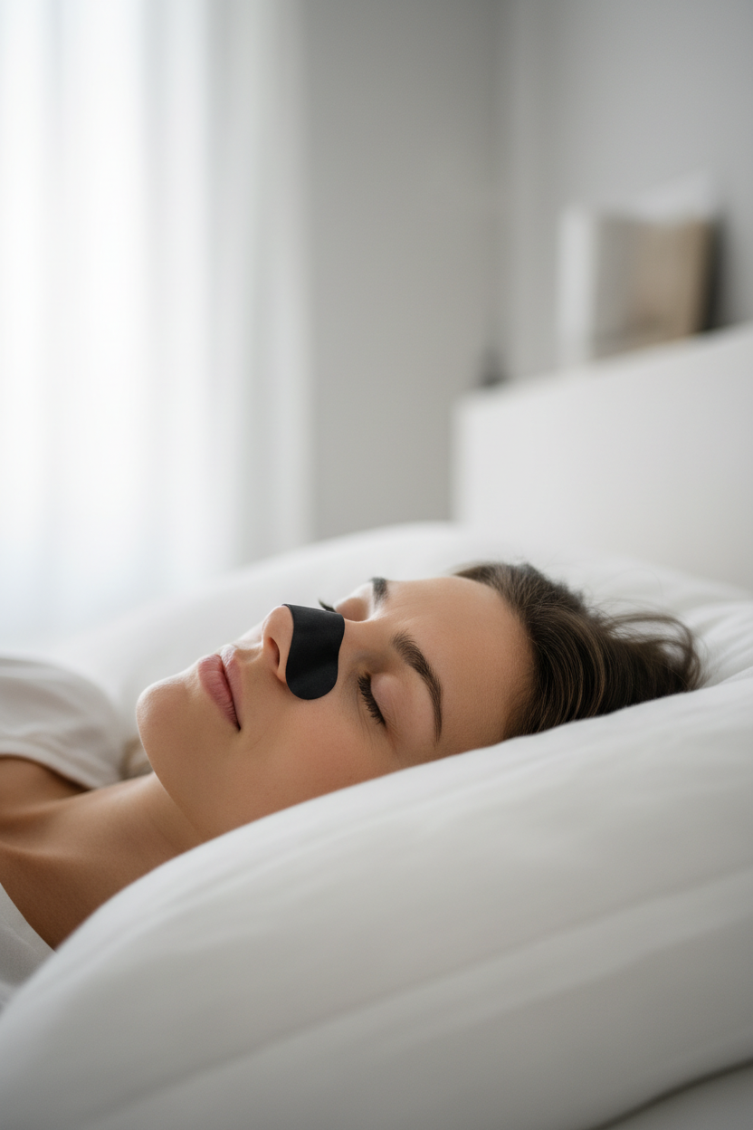 Close-up of person sleeping peacefully with black nasal strip on nose bridge, white linen pillows, sleep wellness lifestyle