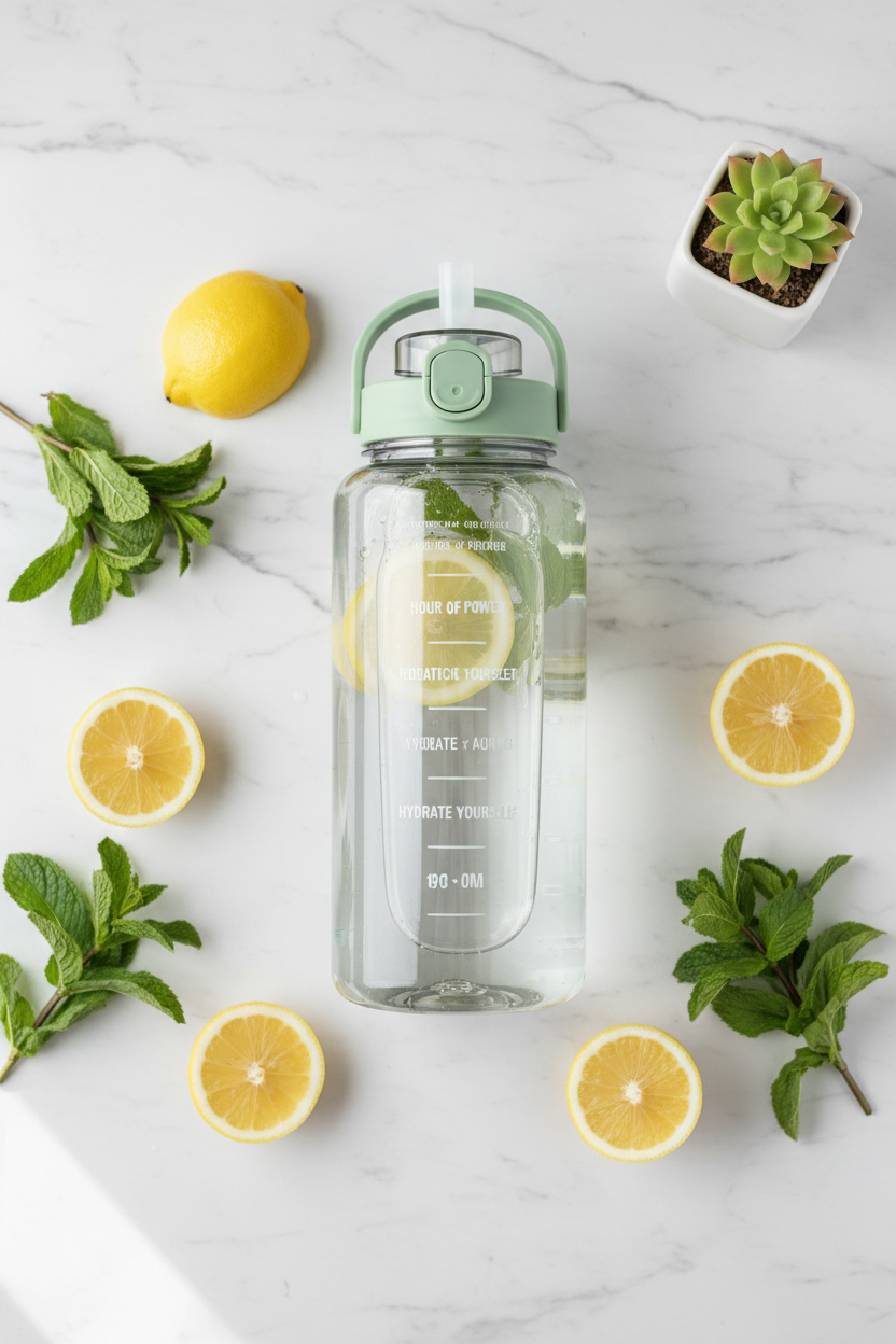 68 oz water bottle with time markers on marble surface with lemon slices, mint and succulent, fresh hydration lifestyle flatlay
